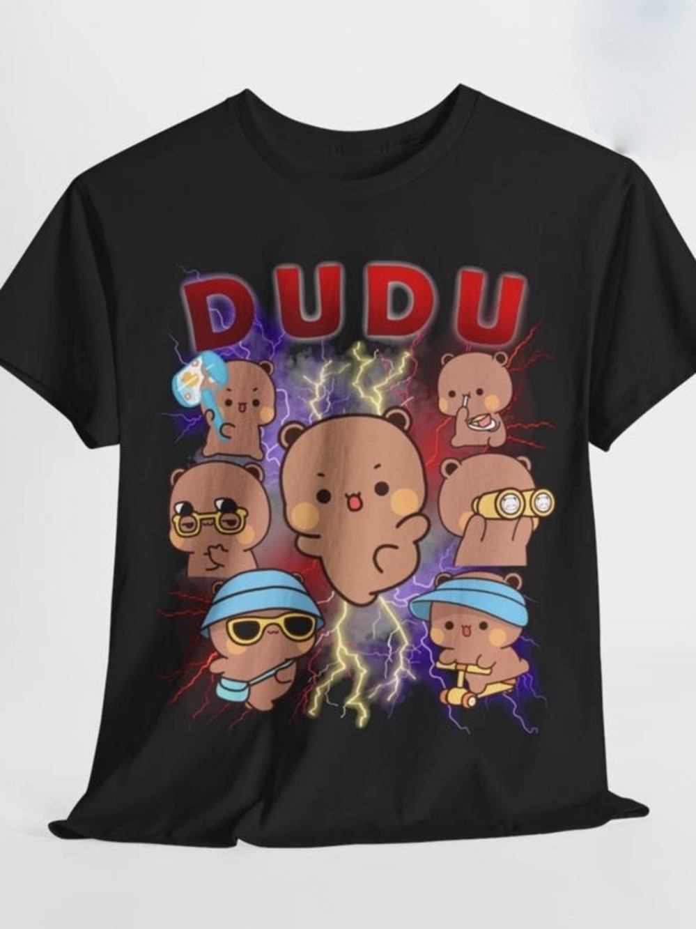 Gildan Black Kids Tee with Colorful DUDU Bear Graphic